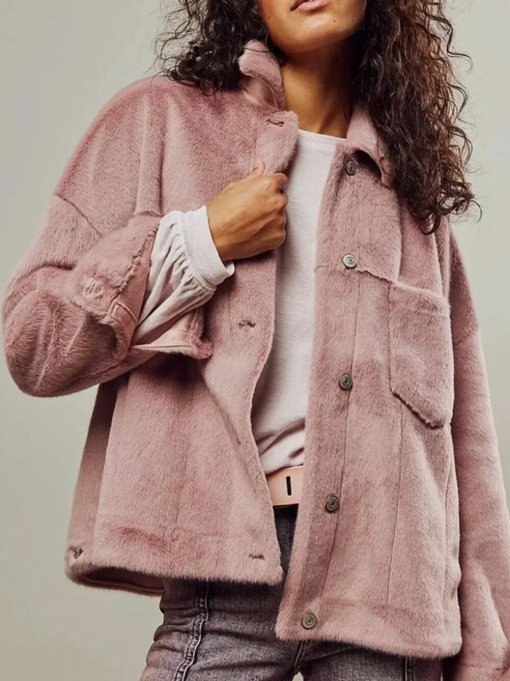 Free People We the Free Cozy Opal Swing Jacket in Pink Size S Faux Fur Teddy $98